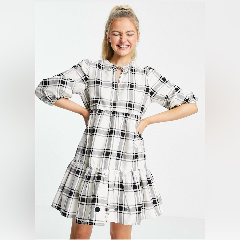 Black White Tie Neck Poplin Smock Dress Sz Large